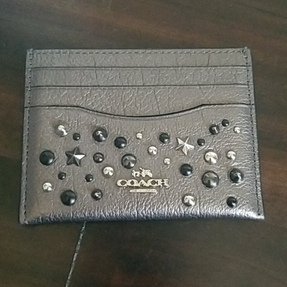 Coach Card Holder Stars and Studs Metallic Gray